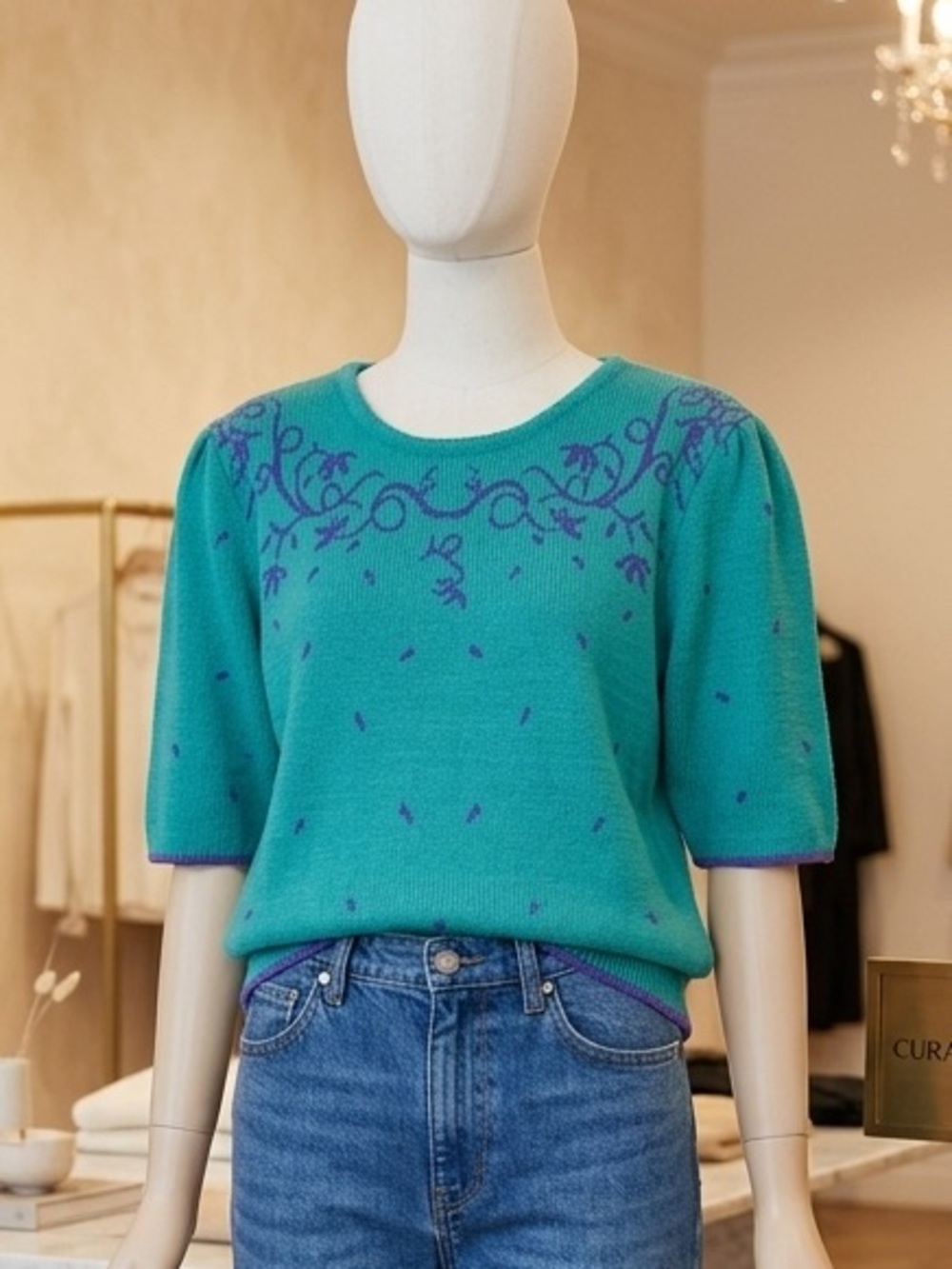 Vintage Teal Knit Short-Sleeve Top with Purple Embroidery